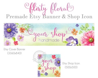 Colorful Etsy Banners and Shop Icon Design Set with Bright Watercolor Daisy Flowers for Spring or Summer, Big or Mini Banner