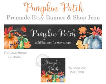 Fall Shop Banner Design for Etsy Stores with Pumpkins and Autumn Leaves perfect for Thanksgiving or Halloween Watercolor Cover Photo Banner