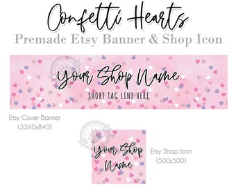 Cover Photo Banners for Etsy with Heart Confetti in Pink and Purple for Valentines Day, Choice of Big or Mini Banner with Shop Icon