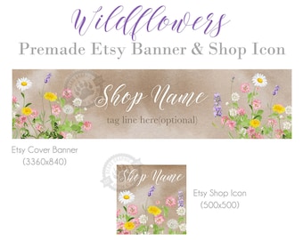 Wildflowers Shop Banner and Icon Set for Etsy Stores, Rustic Big Banner, Country Shop Banner with Dandelion, Daisy, Clover on Kraft Paper