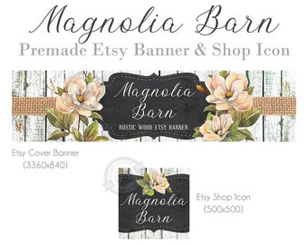 Shop Banner Design Set with Magnolia Flowers, Burlap Ribbon and Rustic White Painted Wood for Shabby Chic, Wreath Makers, Cover Photo