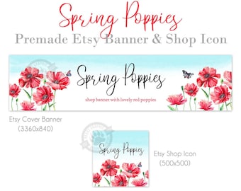 Etsy Shop Banner and Icon Set with Red Poppies and Butterflies in Watercolor, Poppy Store Cover Photo Graphics for Spring and Summer