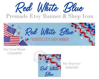Patriotic Etsy Shop Banner & Icon Set: American Flags, Stars (Digital Download)
