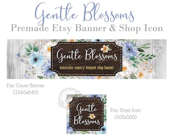 Etsy Shop Cover Banner and Icon Set in a Shabby Chic Rustic Country Style with a Wood and Watercolor Flowers, Farmhouse Store Banners
