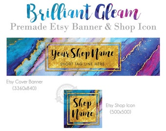 Big Banner and Shop Icon Set of Graphics for Etsy with a Colorful Abstract Ink Paint Background with Gold Accents, Jewelry Store Banner