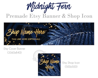 Etsy Shop Cover Photo Banner Set in Blue and Gold with a Fern Leaf, Modern Tropical Store Design, Midnight Fern, Dark, Night, Gold Foil