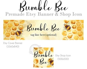 Big Shop Banner and Icon Design Set for Etsy Stores with Honey and Bumble Bees, Yellow, Golden, Nature, Organic