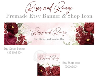 Rose Etsy Banner and Shop Icon Set with Vintage Red Roses and Greenery, Bridal Boutique, Wreath or Jewelry Designers