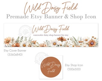 Boho Etsy Shop Banner and Icon Set in a Rustic Country Wildflower Design with Daisy in Terracotta and Beige Colors