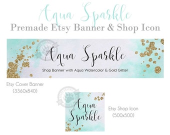 Etsy Shop Banner and Icon with an Aqua Blue Watercolor Splash Background and Gold Glitter Accents, Wedding Jewelry Boutique Cover Photo