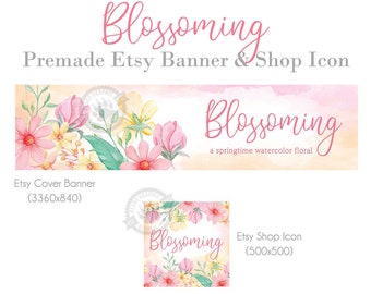 Shop Banner and Icon Set of Graphics for Etsy with Watercolor Flowers in Pink and Yellow, Daisy Cover Photo, Pastel, Spring Summer Blossom