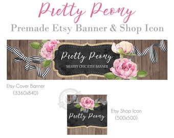 Shop Banner Etsy Graphic Set and Icon for Etsy Shabby Chic with Pink Peony Flowers, Ribbon Bow, Rustic Wood, Design for Wreath Makers