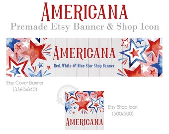 Shop Banner Set for Etsy Stores with Watercolor Stars and Rustic Wood, Cover Photo, Red White Blue, Independence Day, Memorial Day