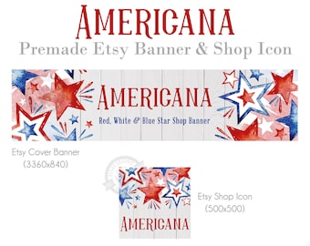 Watercolor Stars Etsy Shop Banner Set: Patriotic Red, White, and Blue (Digital Download)