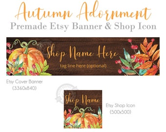 Thanksgiving Shop Banners for Etsy Stores with Pumpkins, Autumn Leaves, Berries and Wood, Fall Farmhouse Cover Photo Banners