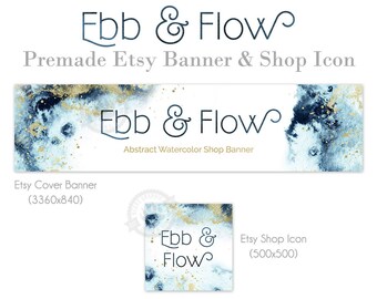 Shop Banner and Icon Set for Etsy Stores, Modern Abstract Navy Blue and Gold Watercolor Graphics, Cover Photo Sea Ocean Nautical Minimal