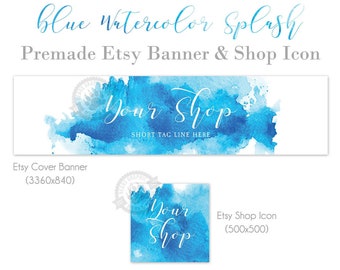 Blue Etsy Shop Banner and Icon Set this Design features an Abstract Watercolor Splash in a Big or Mini Banner Size, Ocean Beach Water Cover