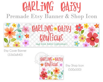 Shop Banner Package with Icon, Retro Colorful Daisy Flowers and Polka Dots for Spring or Summer, Cover Photo Set, Childrens Boutique, Hippie