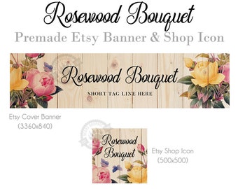 Etsy Banner Kit with Shop Banner and Icon, Rose Etsy Cover Photo Banner, Country Farmhouse Flower Bouquet Wood Shop Banner Pink and Yellow