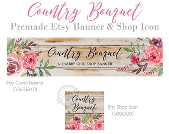 Rustic Etsy Shop Banner & Icon: Farmhouse Watercolor Roses (Digital Files)
