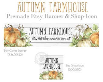 Shop Big Banner Sets for Etsy Stores, Autumn Farmhouse Design for Thanksgiving with Neutral Pumpkins, Leaves and White Shiplap, Cover Photos