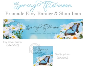 Achetez des bannières et des ensembles d'icônes pour les magasins Etsy avec des fleurs de marguerite et un papillon bleu, des graphiques photo de couverture de champ de fleurs pour le printemps et l'été