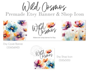 Shop Banner and Icon Set, Colorful Watercolor Cosmos Wildflowers in Purple, Blue and Orange, Etsy Graphics for Spring and Summer