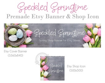 Easter Shop Banner Set for Etsy with Spring Tulips, Speckled Eggs in a Nest, Choice of Big or Mini Store Banner with Icon