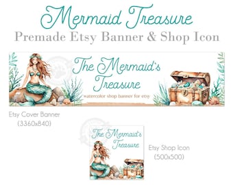 Meerjungfrau Etsy Shop Banner Set mit Aquarell Schatzkiste am Strand, Etsy Shop Grafiken für Frühling und Sommer