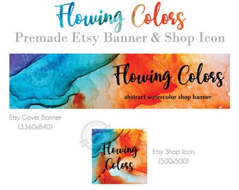 Etsy Shop Banner and Icon Set with a Modern Colorful Abstract Watercolor Paint Background in Blue and Orange, Minimal Store Cover Photos