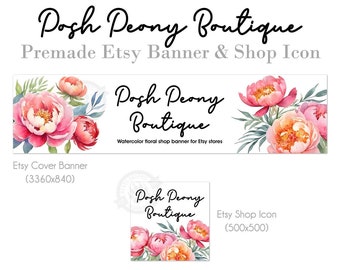 Etsy Store Banner and Icon Set, Colorful Peony Watercolor Flowers in Peach and Pink, Etsy Shop Graphics for Spring and Summer