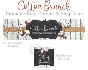 Rustikales Shop Banner Design mit Baumwollzweigen, weißem Holz, schwarzer Tafel und Sackleinen im südlichen Landhausstil, Etsy Cover