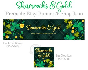 St Patrick's Day Shop Banner and Icon Set for Etsy with Shamrocks, Gold Coins, Green Plaid, Clovers, Choice of Big or Mini Store Banner