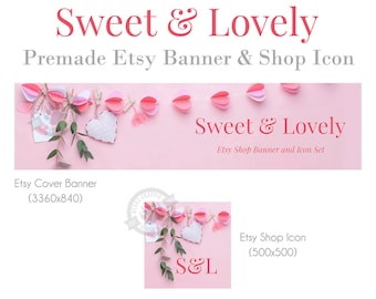 Etsy Shop Design Set with Roses and Hearts in Red and Pink Shop Cover Photo Banner and Icon for Valentines Day