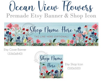 Ensemble d'icônes bannière et boutique Etsy avec un champ de fleurs sauvages au bord de l'océan, pays botanique printemps fleurs colorées magasin couverture photo en-tête