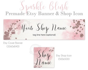 Blush Etsy Shop Banner and Icon featuring a Soft Pink Watercolor Background with Rose Gold Glitter Accents, Feminine Wedding Jewelry Cover
