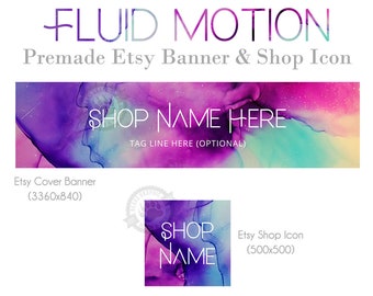 Etsy Shop Graphics Set with Big Banner and Shop Icon featuring a Colorful Modern Abstract Ink Paint Background in Purple, Pink and Blue Art