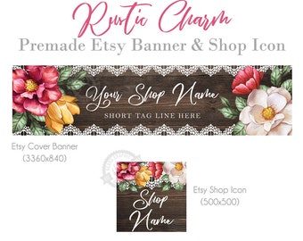 Shop Banner Set with Etsy Cover Photo and Icon, Dark Rustic Wood with White Lace and Rose Floral Accents, Country Farmhouse, Wreath Makers