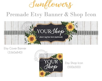 Sunflowers Etsy Big Banner and Shop Icon Set, Rustic Wood Shop Banner, Shabby Chic Etsy Banner, Spring or Summer Cover Photo, Wreath Stores