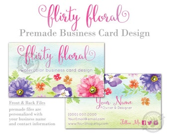 Business Card Design with Colorful Watercolor Daisy and Pansy Flowers in Pink and Purple, Biz Card Template, Digital Files or Printing