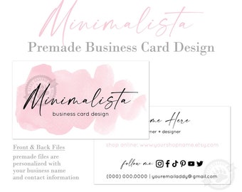 Minimalist Business Cards, Choice of Personalized Digital Files or Professinally Printed Business Cards, Modern Pink Watercolor Design