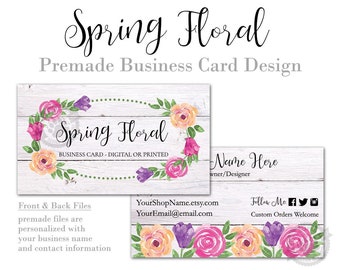 Floral Business Card Design: Rustic Wood, Spring Flowers (Digital or Printed)