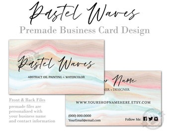 Modern Business Card Design with Abstract Pastel Wave Painted Background in Pink, Beige and Blue Marbled, Digital File or Printed Cards