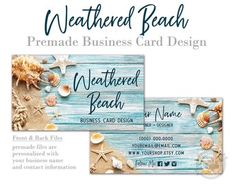 Beach Business Card Design: Rustic Wood, Sand & Seashells (Digital or Printed)
