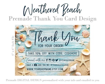 Beach Thank You Order Card Design with Rustic Wood, Starfish, Seashells and Sand, Package Inserts for Small Business, You Print
