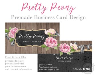 Peony Business Card Design perfect for Florists, Wreath Makers, Shabby Chic Rustic Wood Pink Floral Farmhouse, Printing or Digital Files