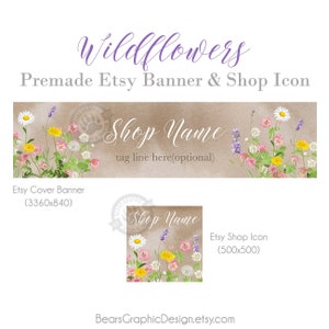 Banner de loja de flores silvestres e conjunto de ícones para lojas Etsy, banner grande rústico, banner de loja country com dente de leão, margarida, trevo em papel Kraft