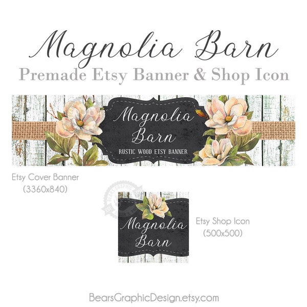 Shop Banner Design Set with Magnolia Flowers, Burlap Ribbon and Rustic White Painted Wood for Shabby Chic, Wreath Makers, Cover Photo