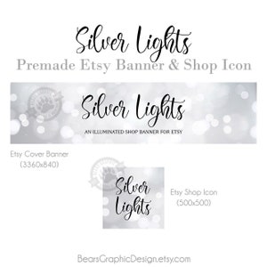 Silver Shop Banner and Icon Set for Etsy Stores with a Grey Bokeh Light Background and Script Font, Wedding Jewelry Photography Cover Photo image 1