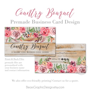Business Card Design with Rustic Barn Wood and Pink Country Roses, Southern Farmhouse Style Biz Card Template, Customized, Printed Cards image 1